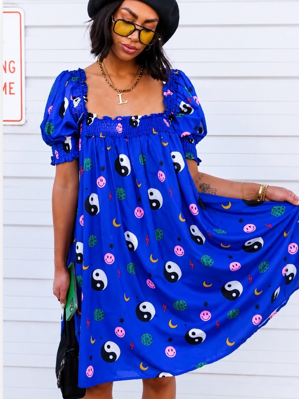 Rare| Dressed in LALA | YinYang Smiley Face Puff Sleeve Midi Dress**